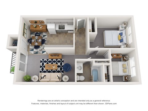 Floor plan for 2 beds, 1 bath, 853 sqft